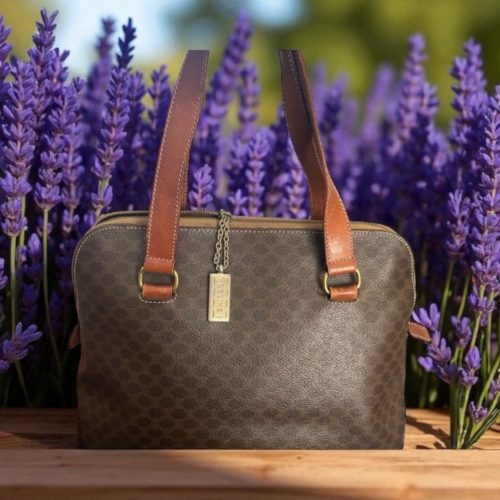 Celine Brown Patterned Satchel with Tan Handles.